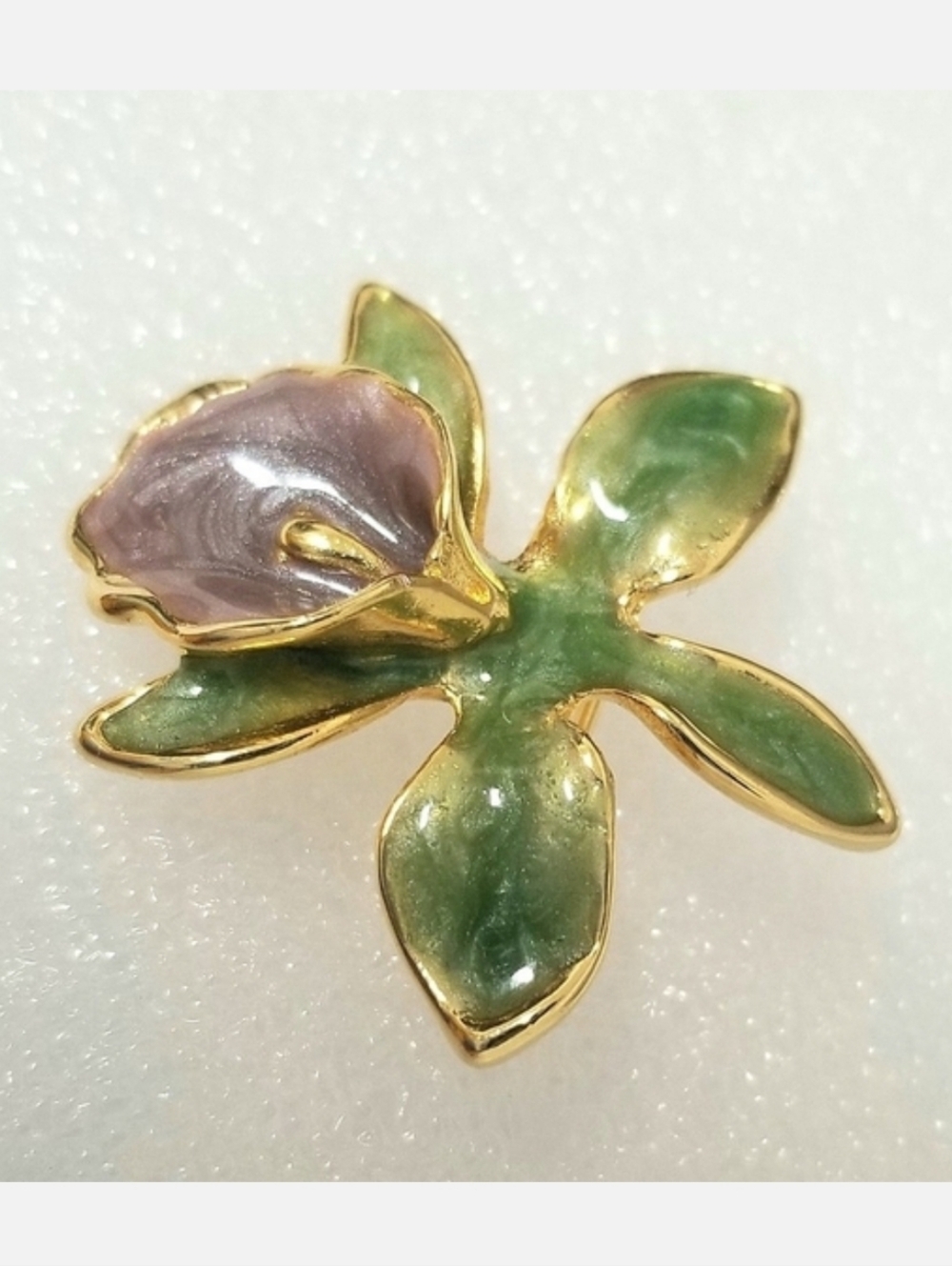 VINTAGE Enamel Brooch Pin Green/Purple Orchid Floral Botanical Cottagecore